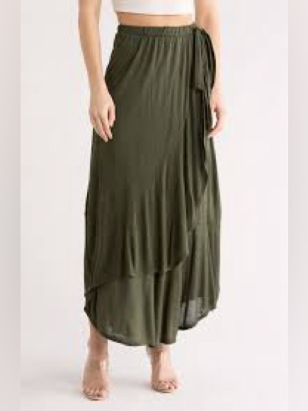 Mlle Gabrielle Olive Green Tiered Wrap Maxi Skirt